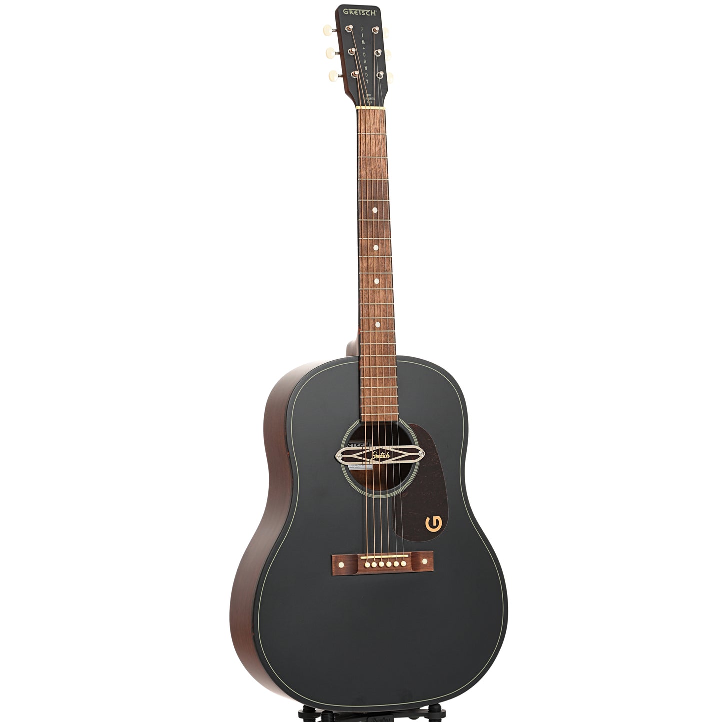Full front and side of Gretsch Jim Dandy Deltoluxe Dreadnought Acoustic/Electric Guitar, Black Top