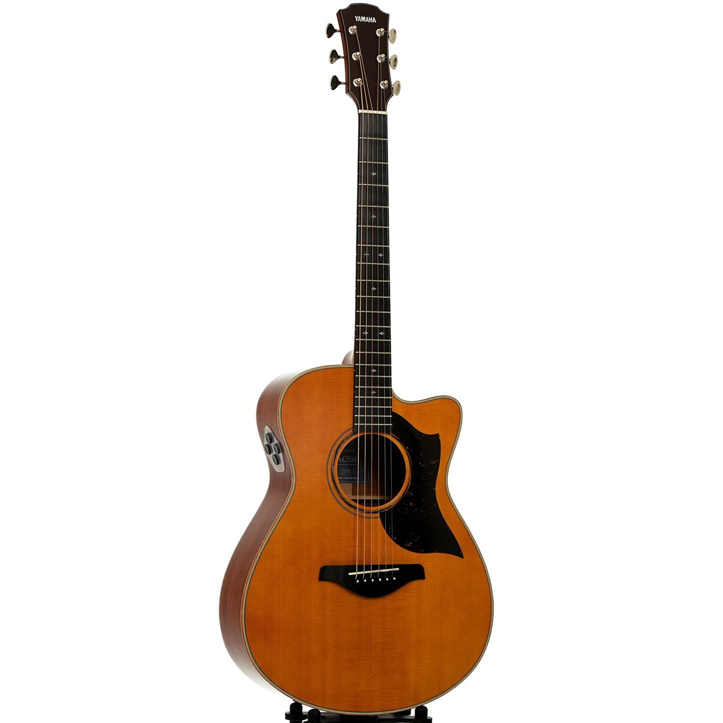 Full front and side of Yamaha AC5M ARE Concert Cutaway Acoustic-Electric Guitar