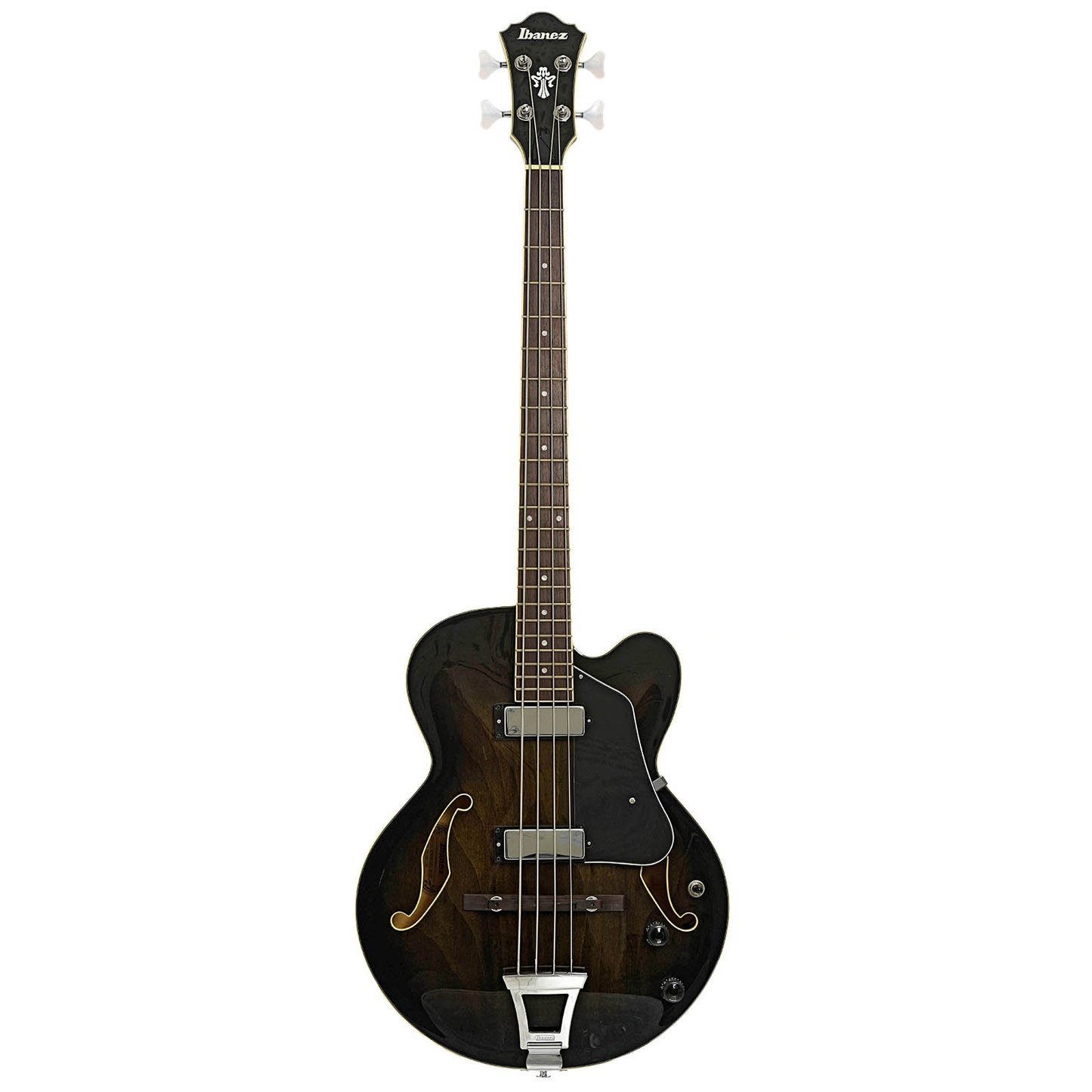 Full front of Ibanez Artcore AFB200 Hollowbody Electric Bass Guitar, Transparent Black Sunburst