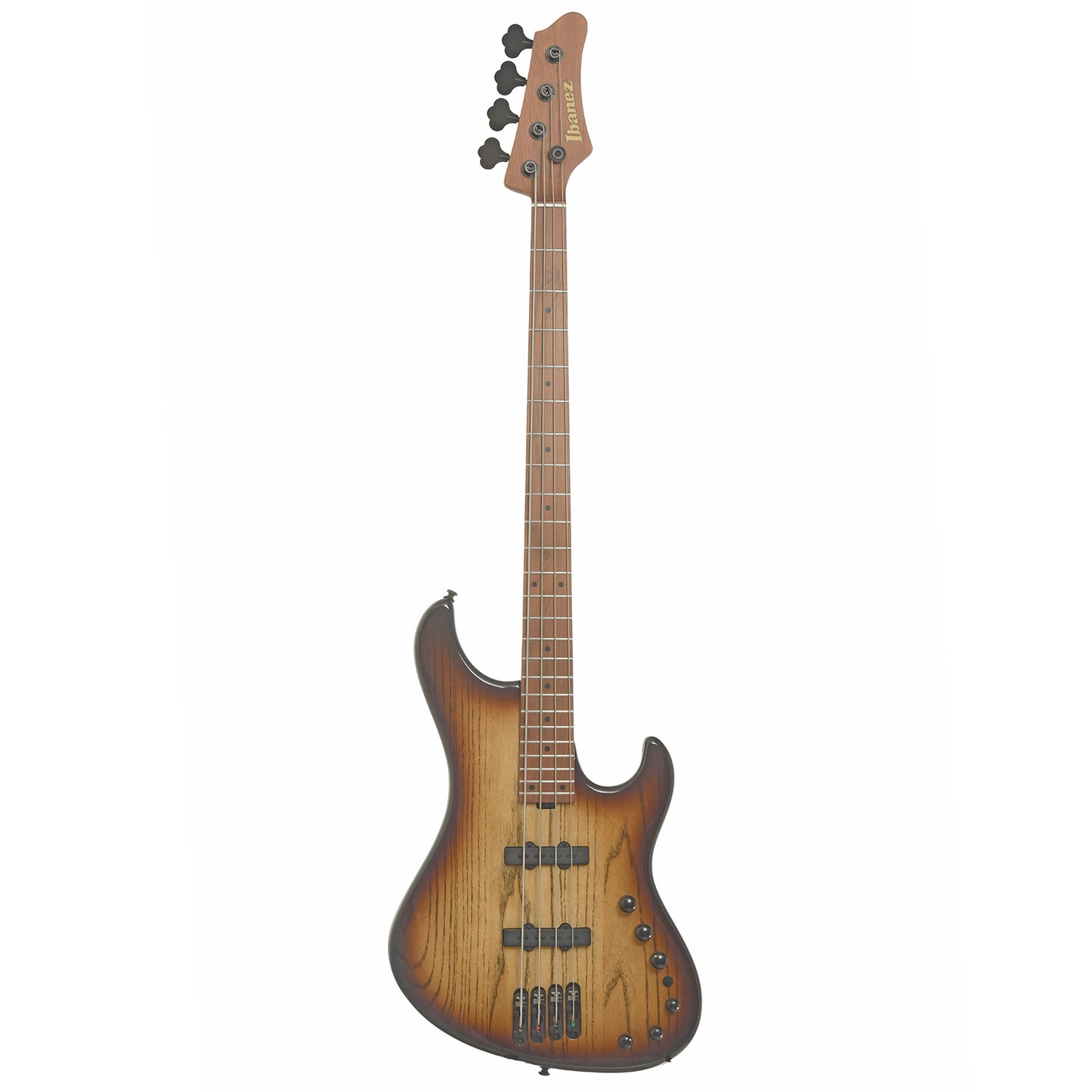 Full front of Ibanez Mode MDM1300 Electric Bass, Natural Stained Amber Burst
