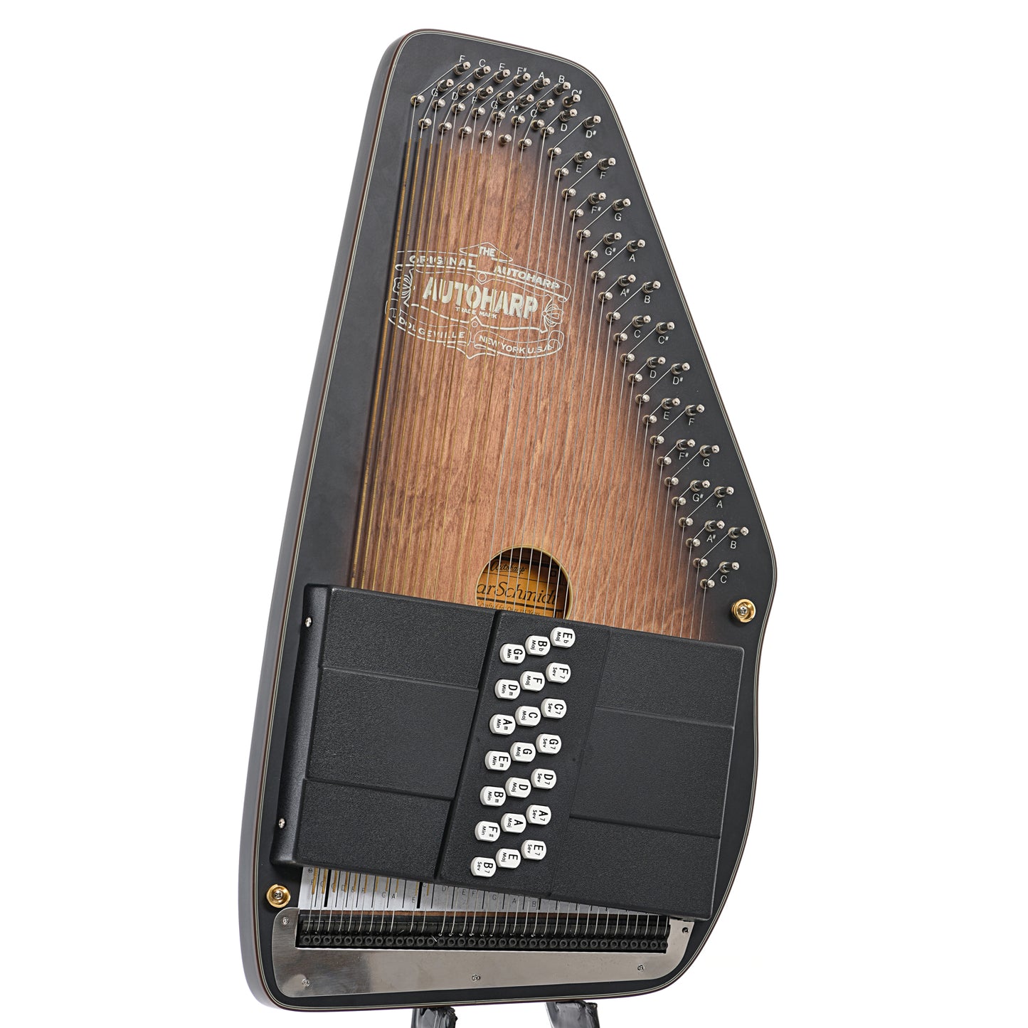 Front and side of Oscar Schmidt OS11021AE Americana Electric Autoharp, with Chord Bars for E and A (2020)