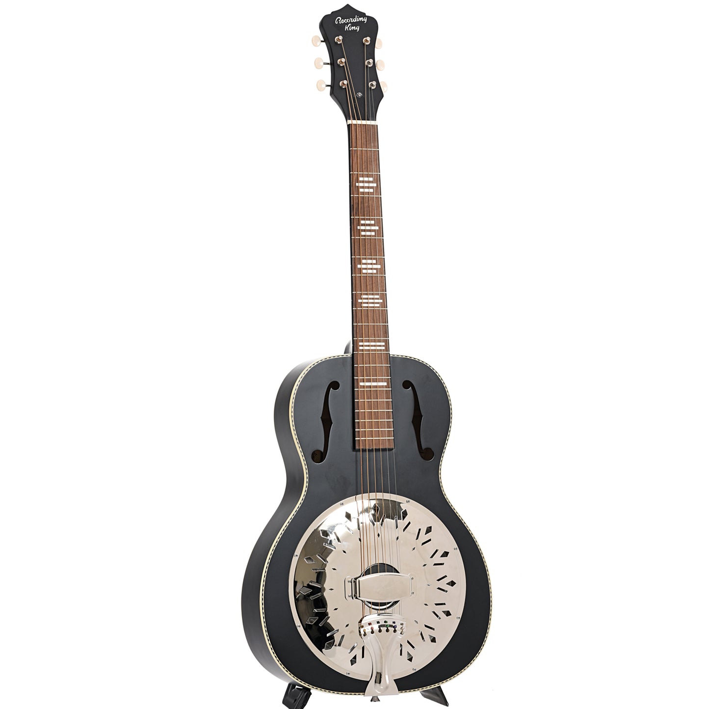 Full front and side of Recording King Dirty 30's Single 0 Resonator Guitar, Black Finish