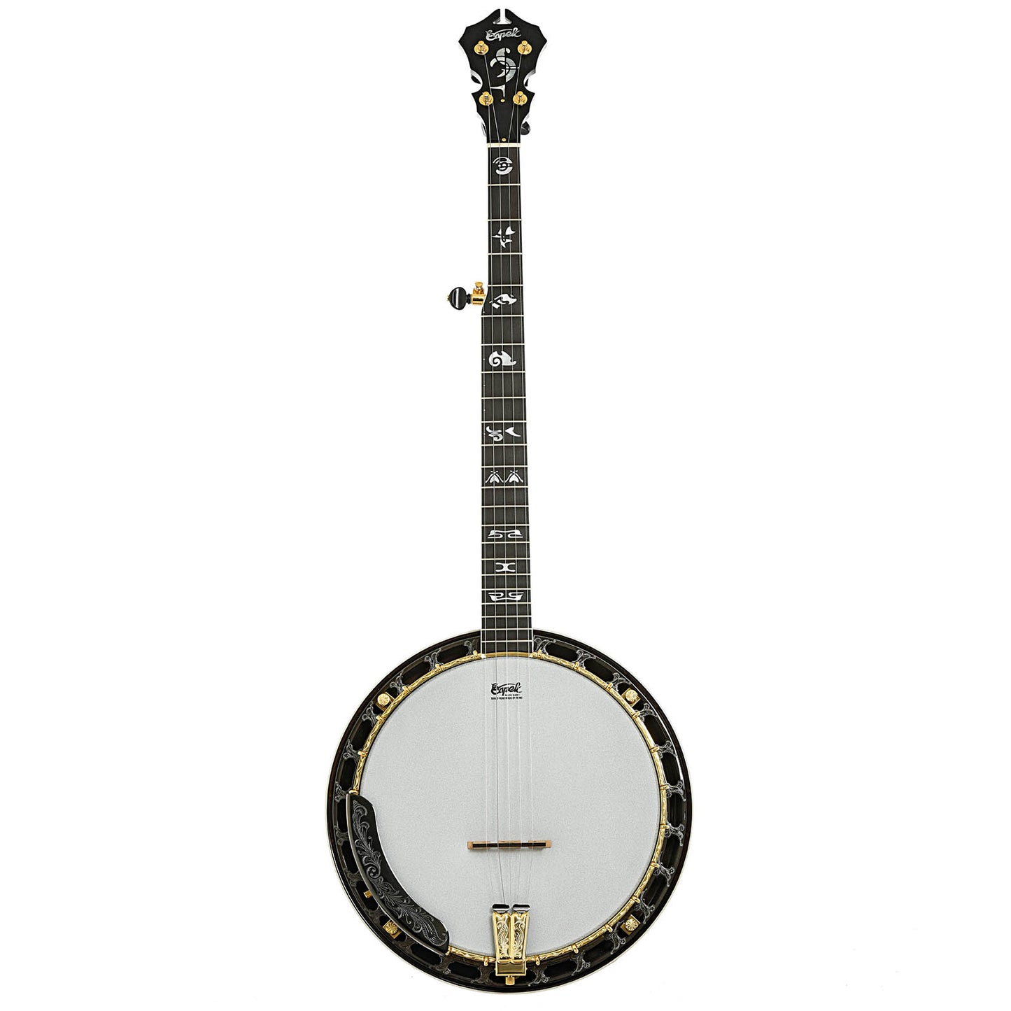 Full front of Capek Allegoria Gold Banjo & Case, Flame Maple