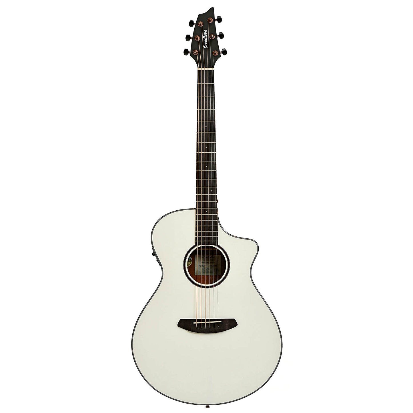 Full front of Breedlove Discovery Concert Satin White CE European-African Mahogany Acoustic-Electric Guitar