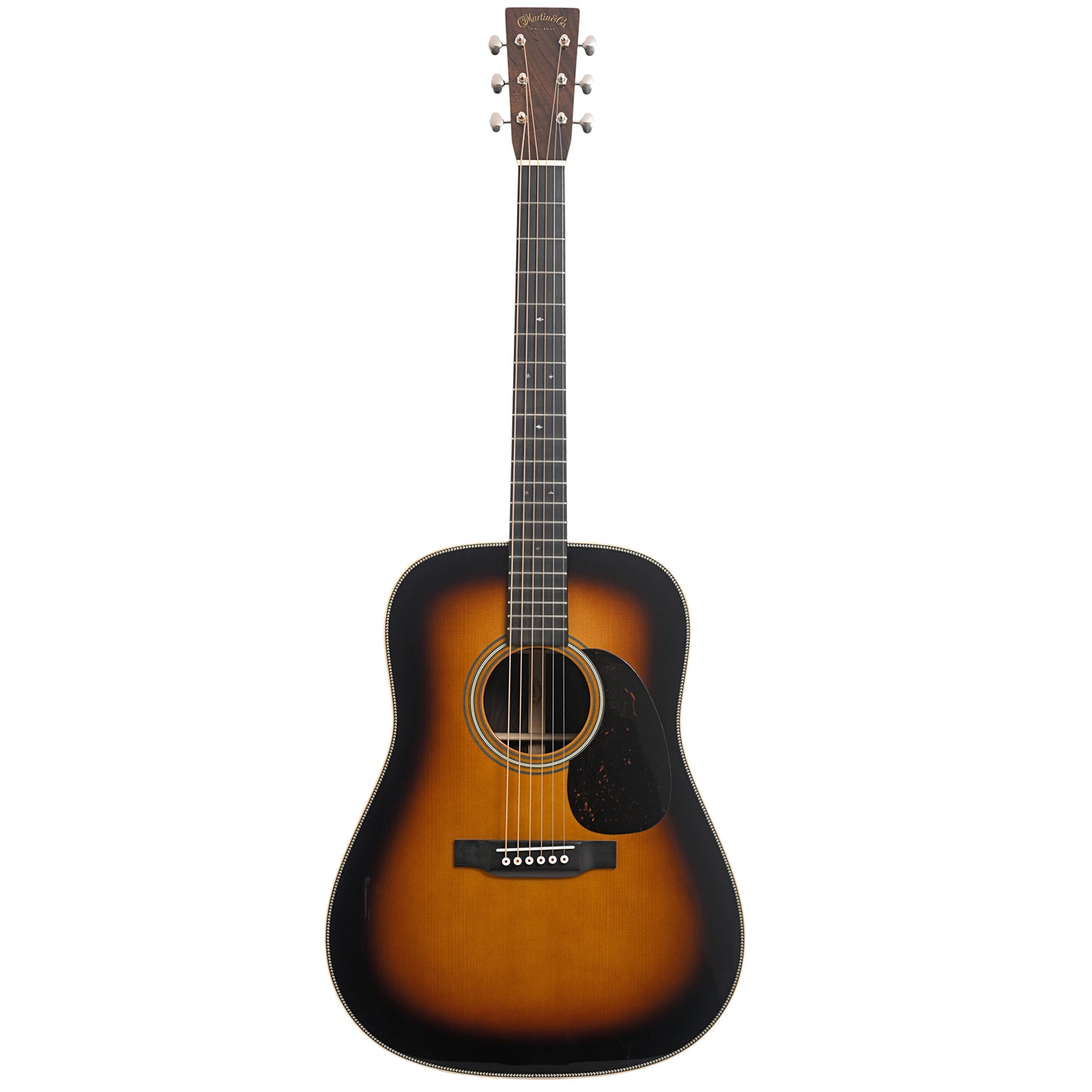 Full front of Martin Custom Herringbone Sunburst 28-Style Dreadnought Guitar & Case, Wild Grain Rosewood & Adirondack Spruce
