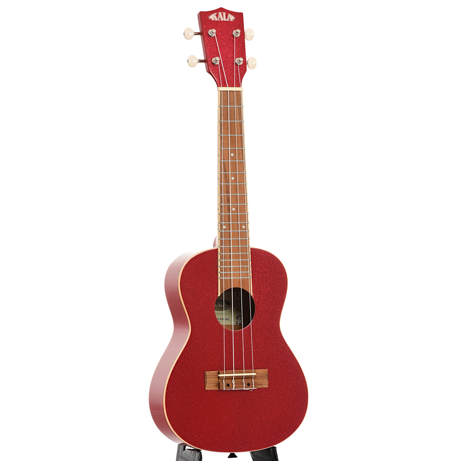 Full front and side of Kala Gloss Sparkle Concert Ukulele, Ritzy Red (recent)