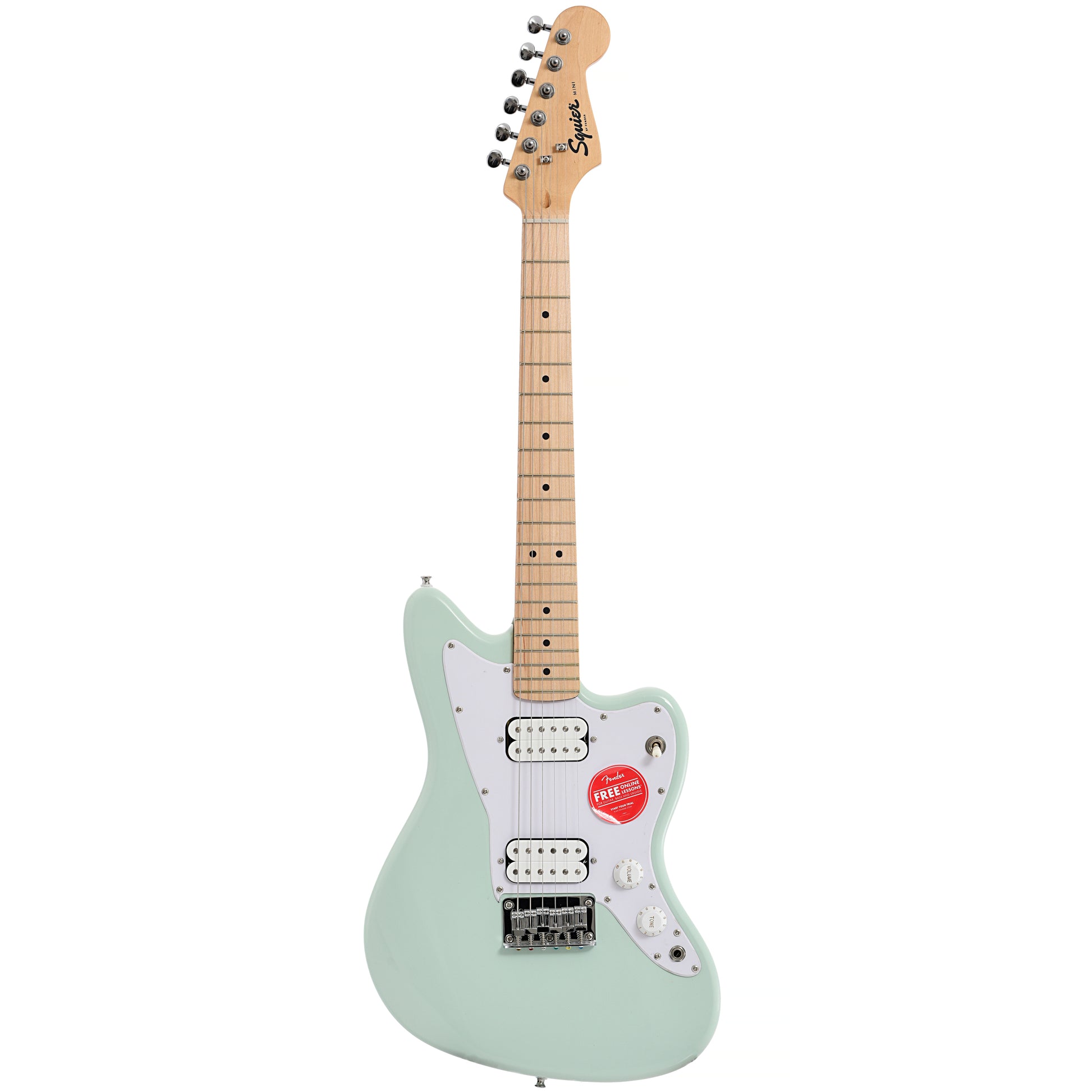Full front of Squier Mini Jazzmaster HH, Surf Green