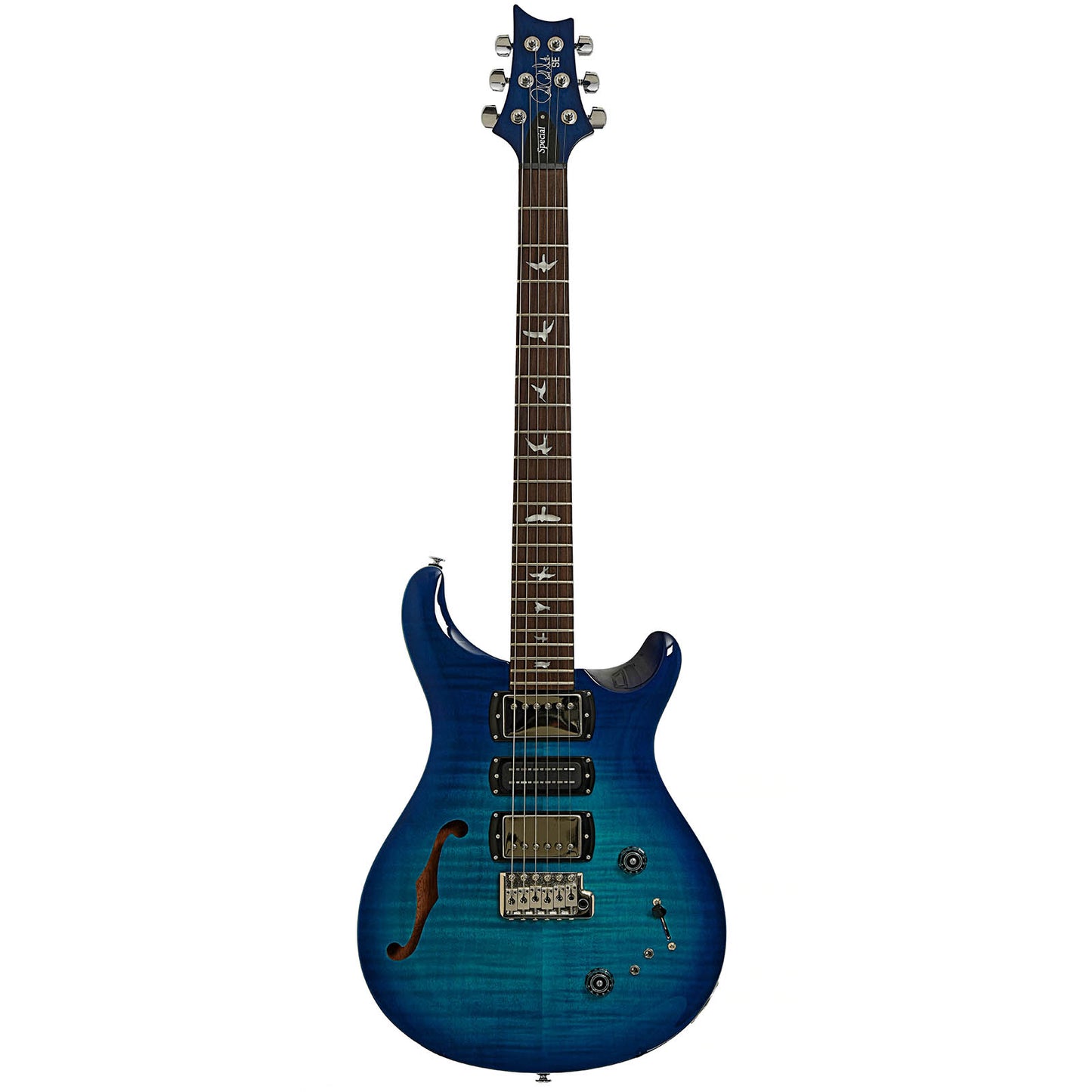 Full front of PRS SE Special Semi-Hollow Electric Guitar Lake Blue