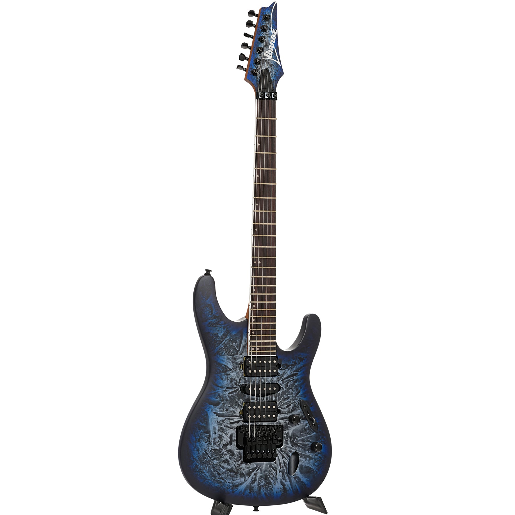 Full front and side of Ibanez B-Stock S770 Electric Guitar, Cosmic Blue Frozen Matte