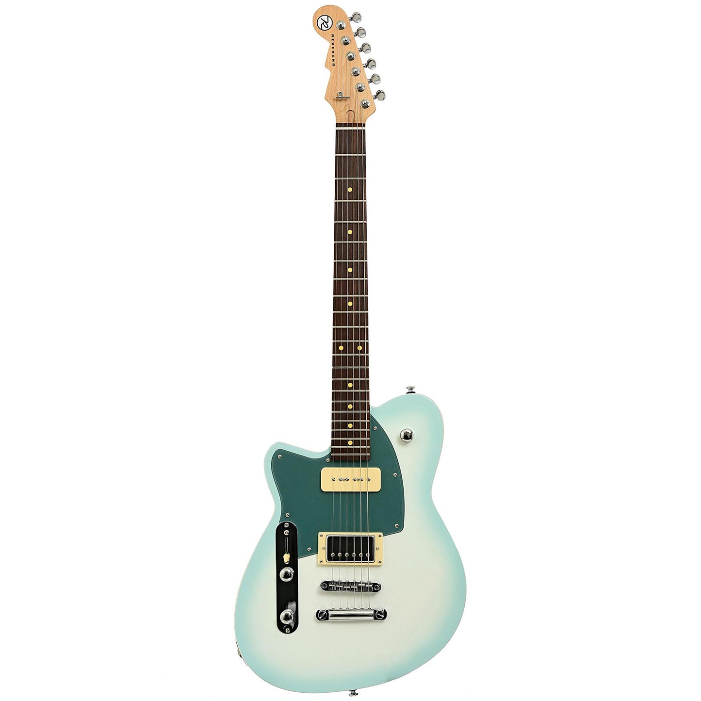 Full front of Reverend Double Agent OG, Left Handed Electric Guitar, Chronic Blue Burst