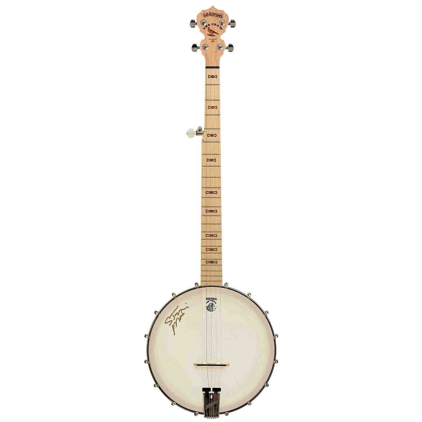Full front of Deering "The Crow" Open Back Banjo
