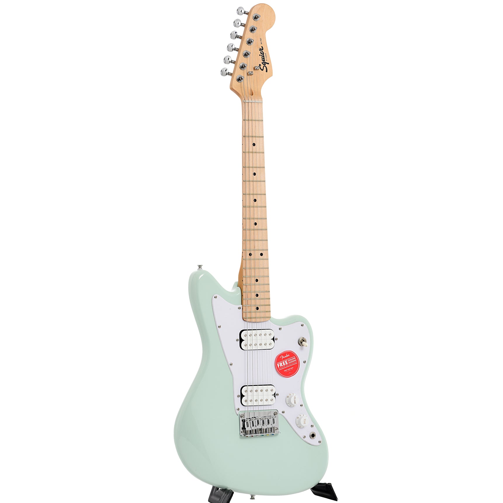Full front and side of Squier Mini Jazzmaster HH, Surf Green
