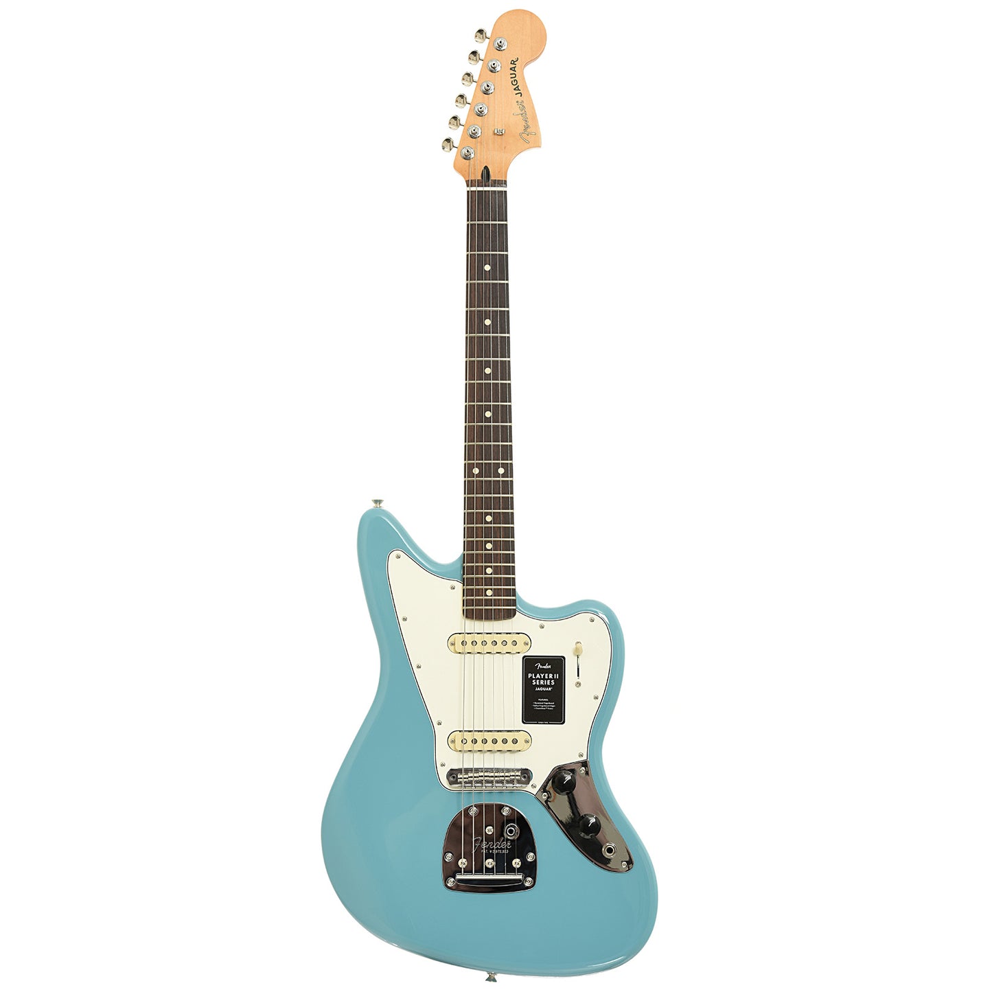 Full front of Fender Player II Jaguar Electric Guitar, Aquatone Blue