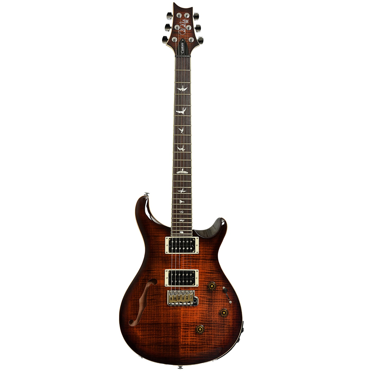 Full front of PRS SE Custom 24 Semi-Hollow Piezo Orange Tiger Smokeburst Electric Guitar