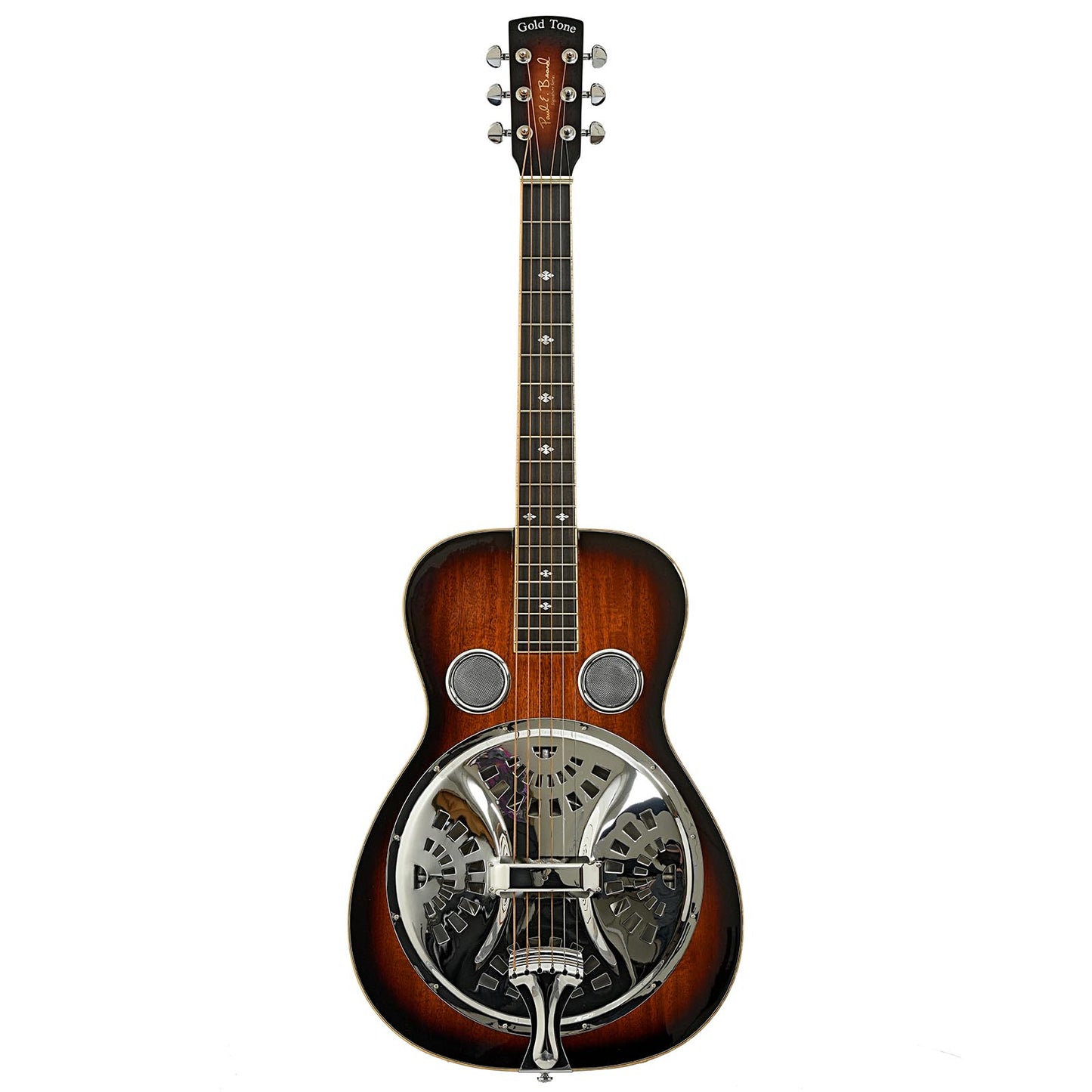 Full front of Beard Gold Tone PBS-M Solid Mahogany, Squareneck Resonator Guitar & Case