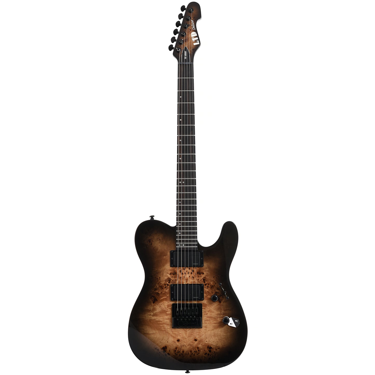 Full front of ESP LTD TE-1000 Evertune Electric Guitar, Poplar Burl Charcoal Burst