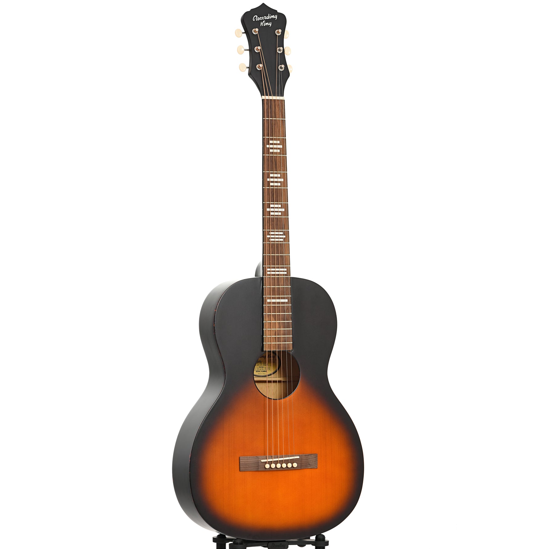 Full front and side of Recording King Dirty 30s Series 9 SE Single 0 Black Sunburst Acoustic Guitar