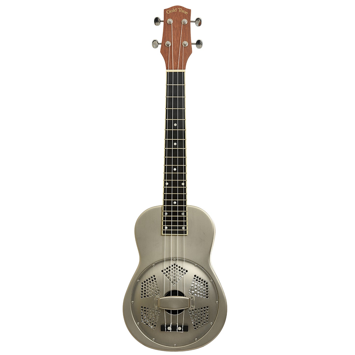 Full front of Gold Tone Metal Body Tenor Resonator Uke