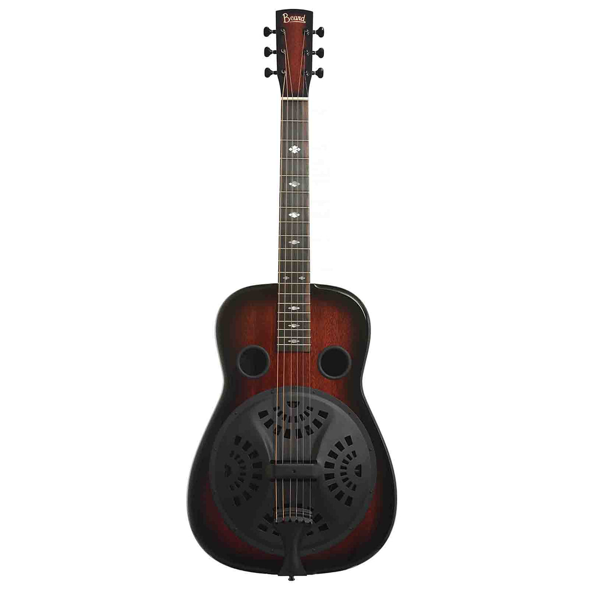 Full Front of Beard Belle Squareneck Resonator Guitar & Case, Black Satin Hardware