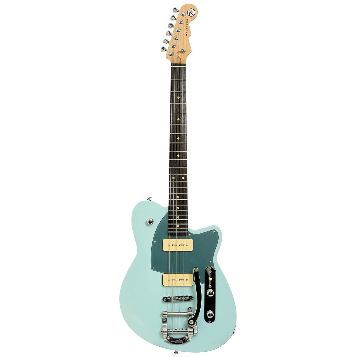 Full front of Reverend Charger 290 Bigsby, Chronic Blue