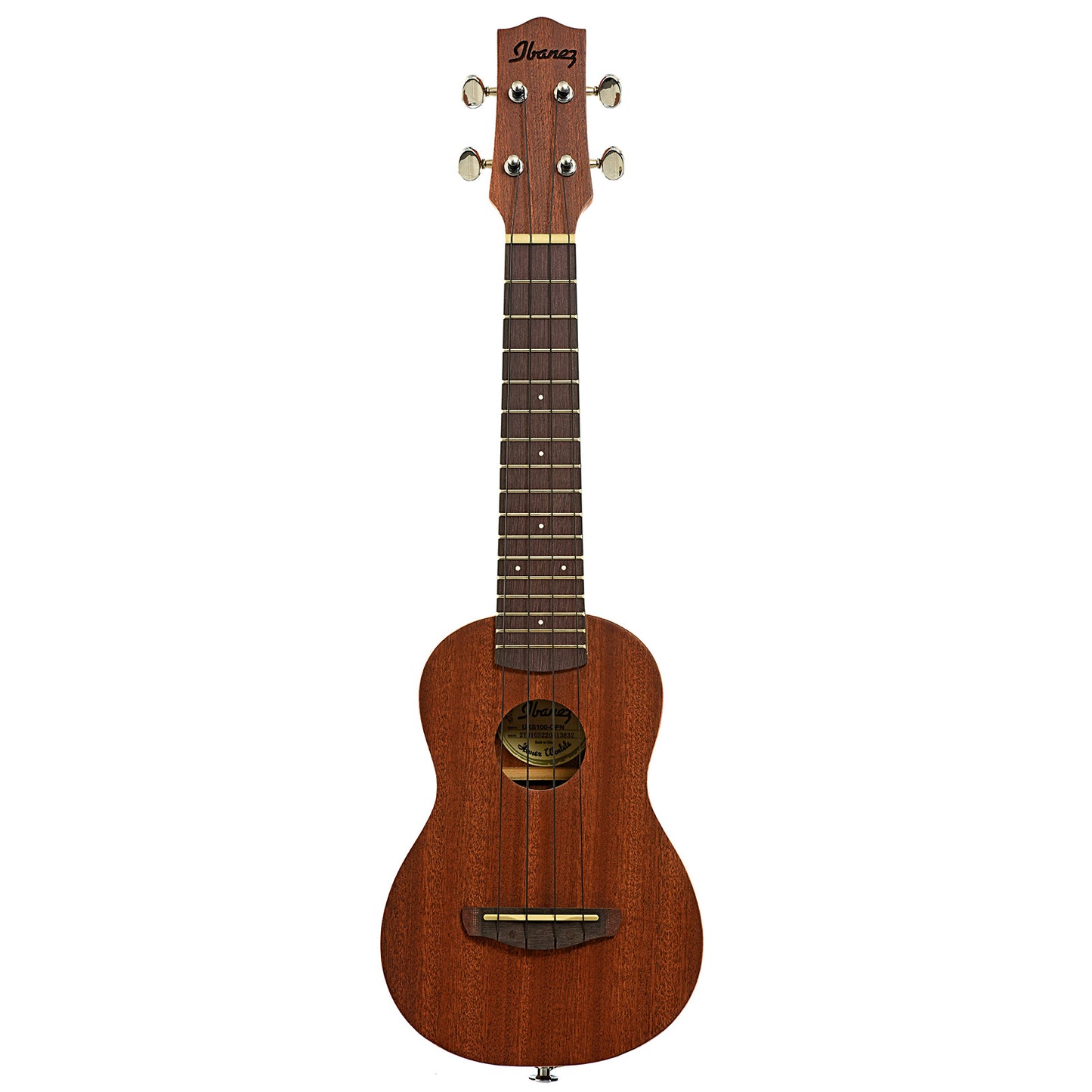 Full front of Ibanez Soprano Ukulele with Bag, Open Pore Natural