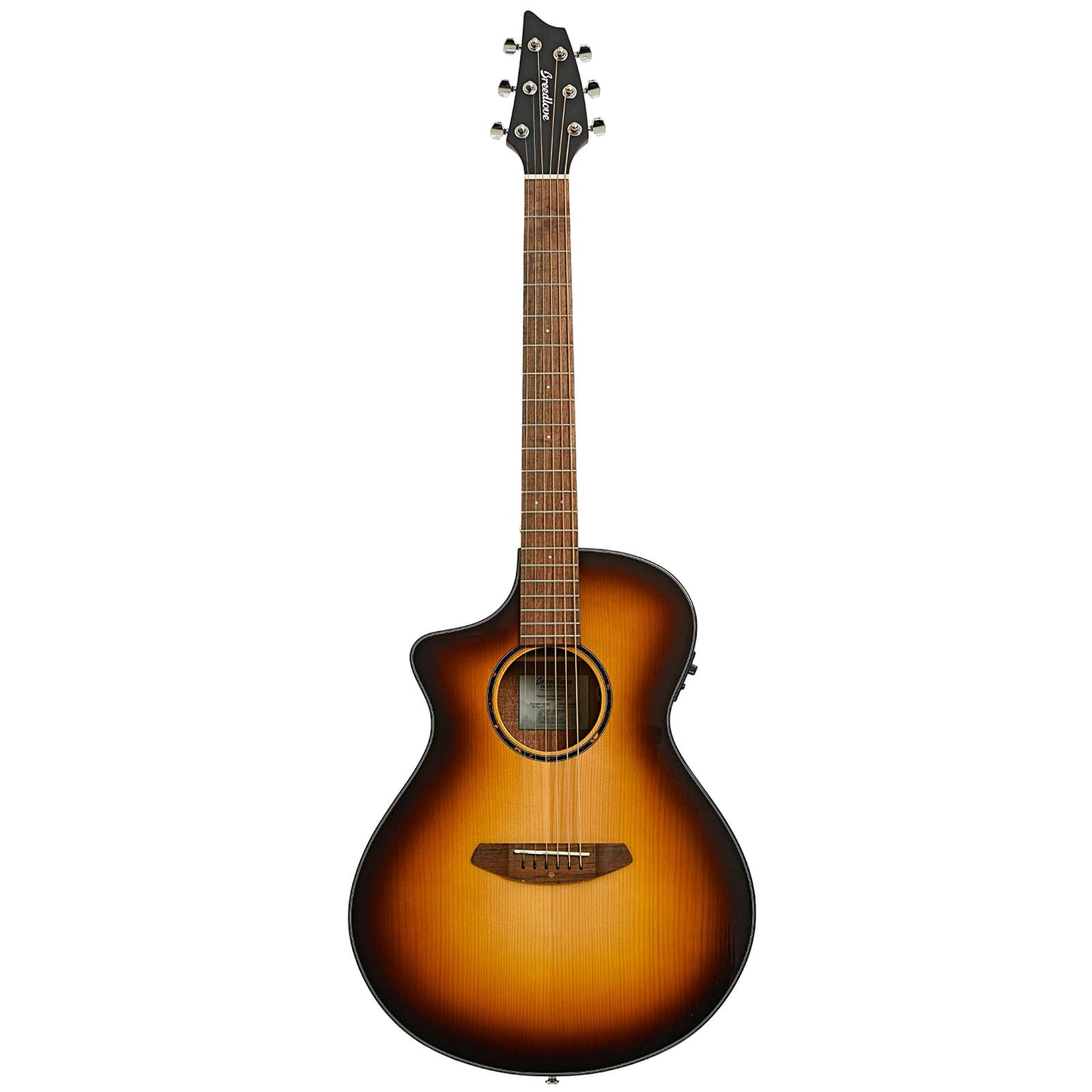 Full front of Breedlove Discovery S Concert Edgeburst LH CE European-African Mahogany Acoustic-Electric Guitar.
