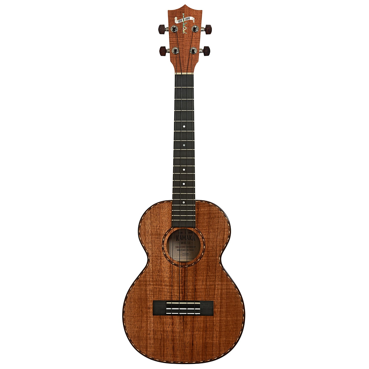 Full front of Kamaka 100th Anniversary HF-3D Deluxe Tenor Ukulele with Case