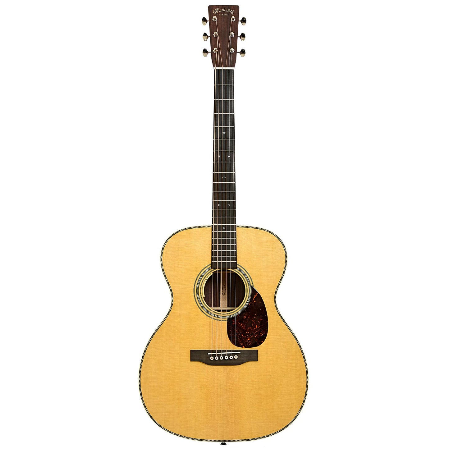 Full front of Martin OM-28E Guitar & Case, with LR Baggs Anthem Pickup