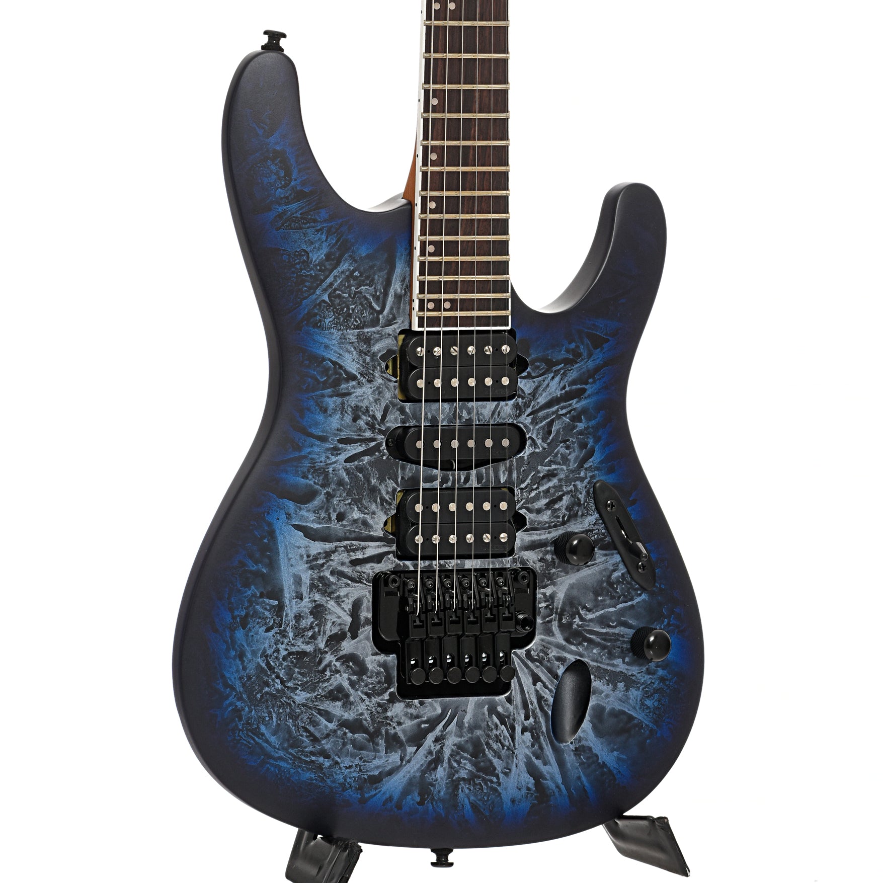 front and side of Ibanez B-Stock S770 Electric Guitar, Cosmic Blue Frozen Matte