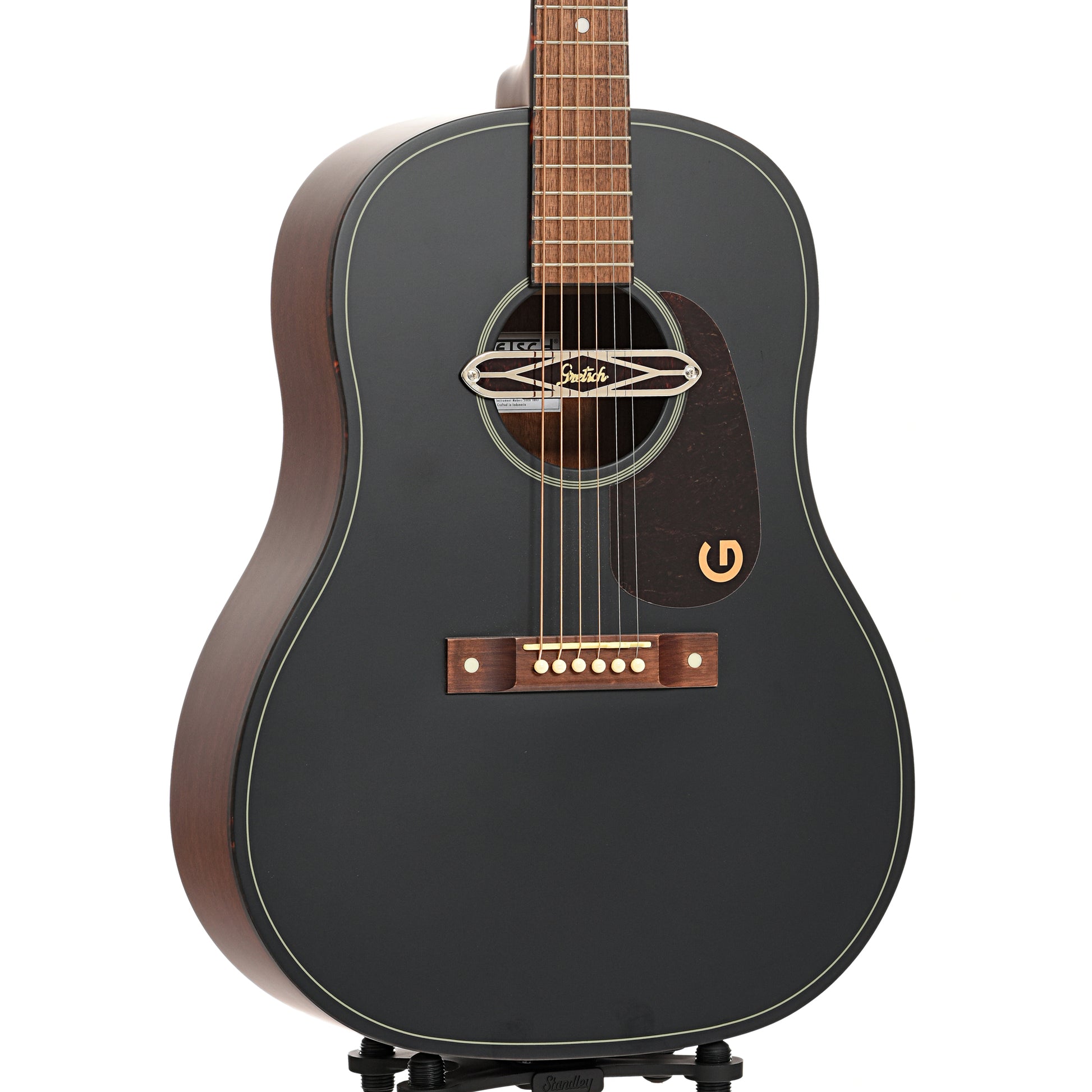Front and side of Gretsch Jim Dandy Deltoluxe Dreadnought Acoustic/Electric Guitar, Black Top
