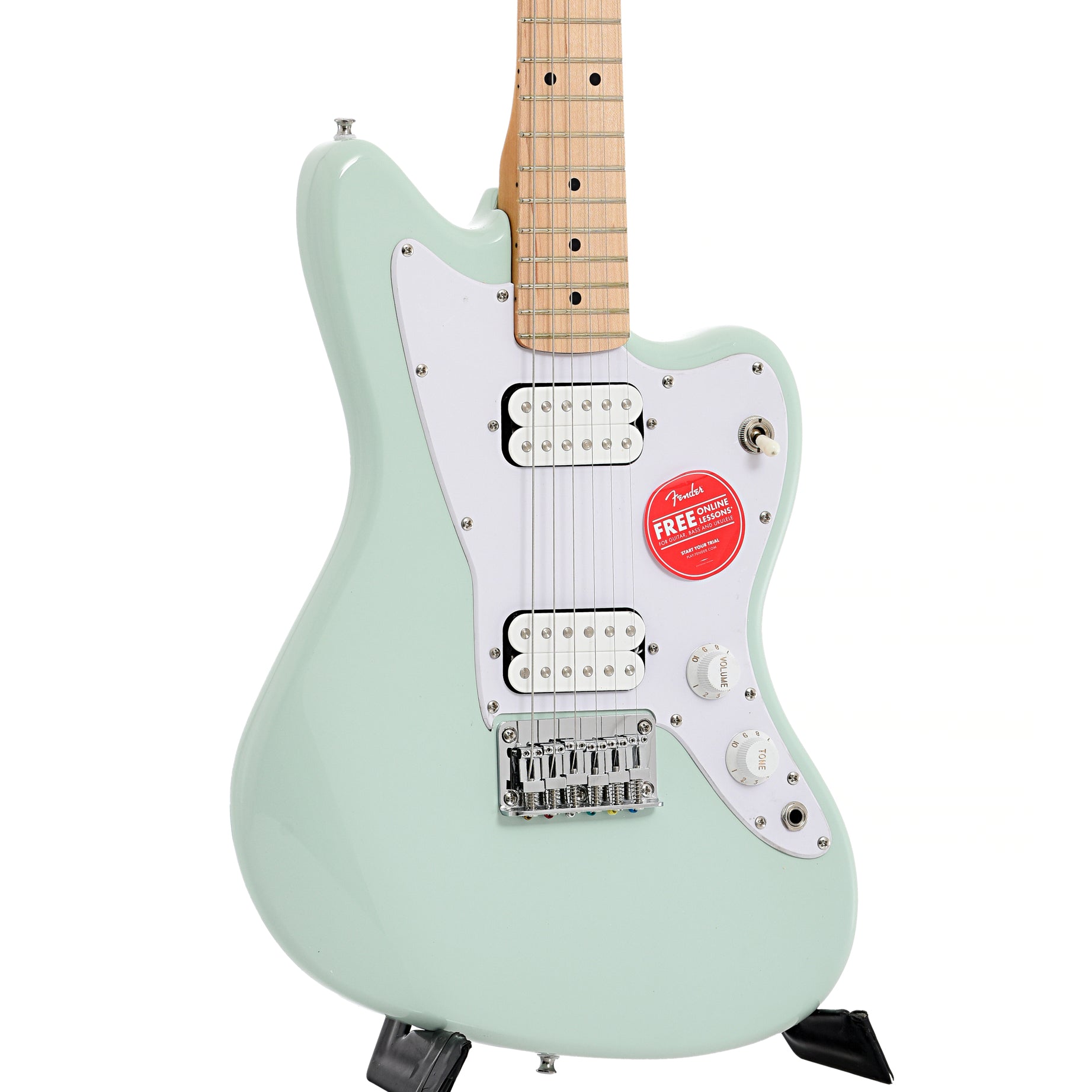 Front and side of Squier Mini Jazzmaster HH, Surf Green