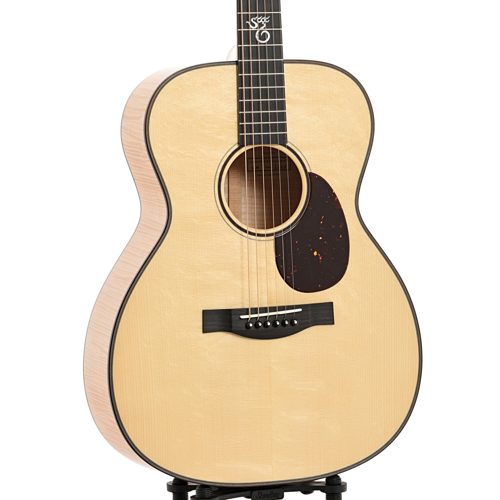 Front and side of Santa Cruz OM Maple Custom Acoustic Guitar