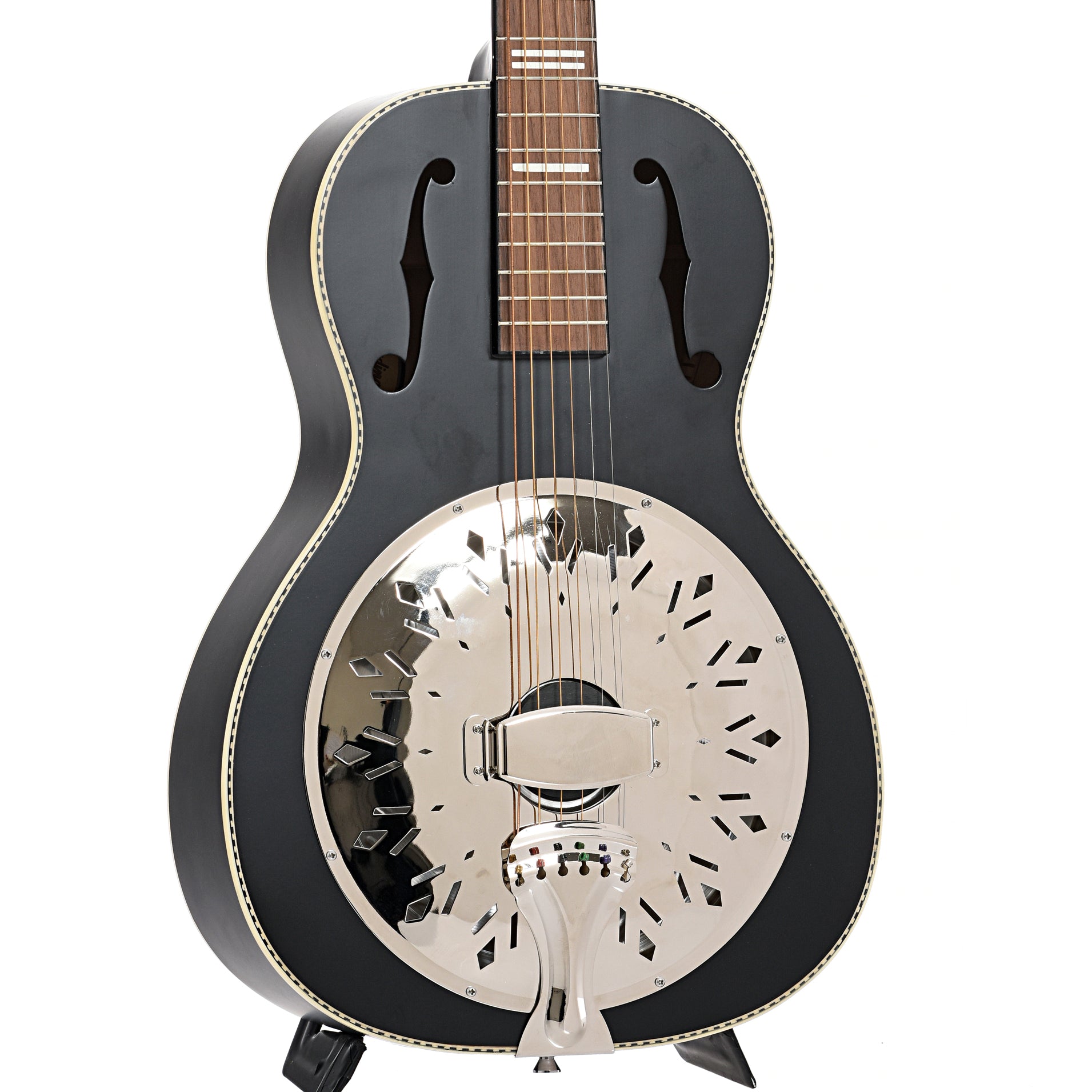 Front and side of Recording King Dirty 30's Single 0 Resonator Guitar, Black Finish