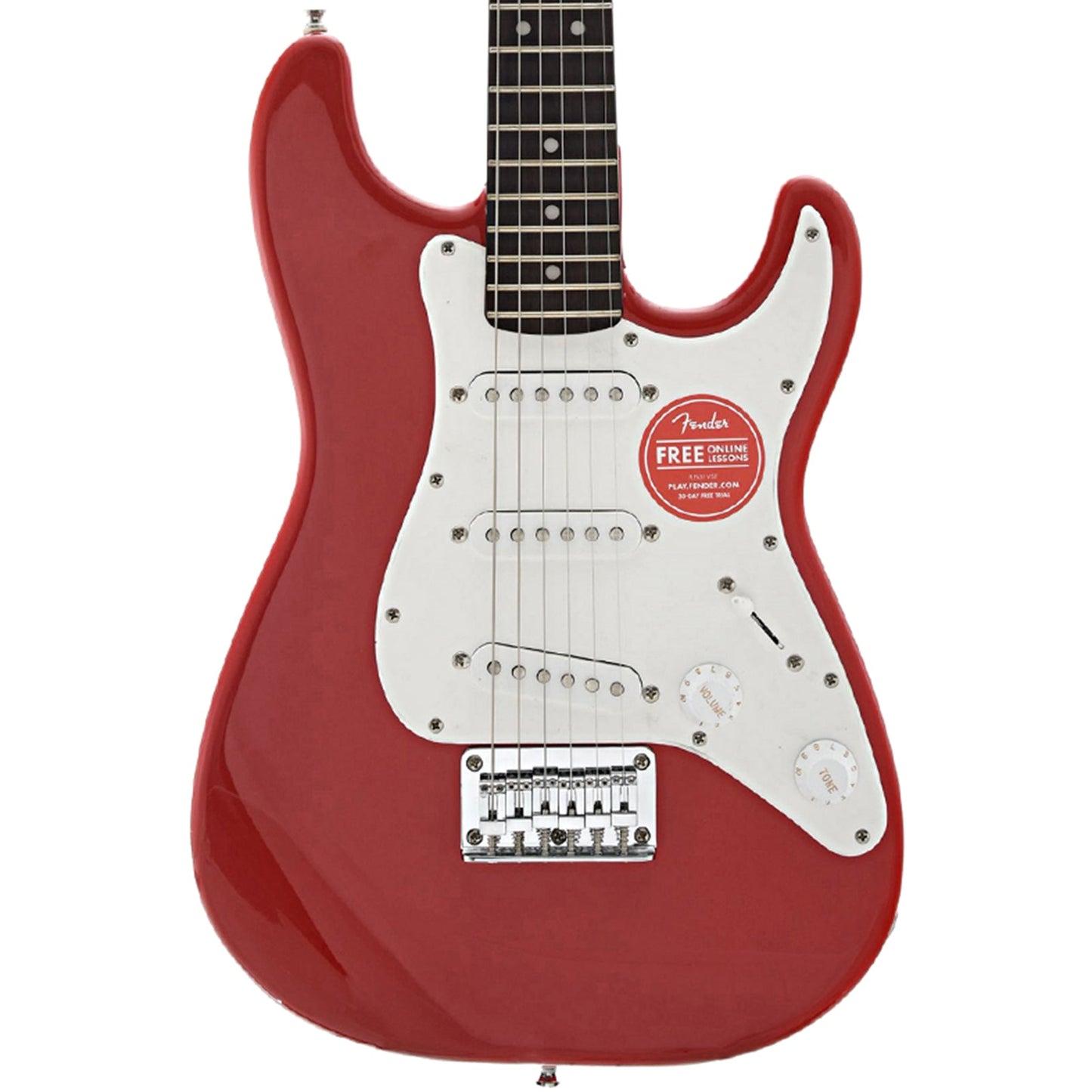 Front of Squier Mini Stratocaster, Dakota Red