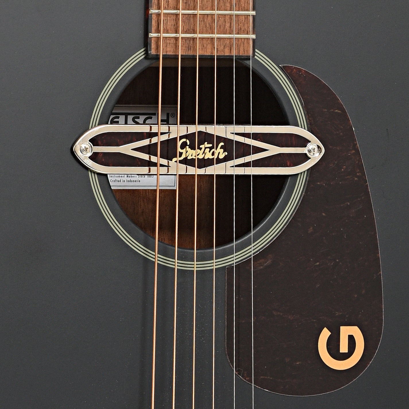 Sound hole and pickup of Gretsch Jim Dandy Deltoluxe Dreadnought Acoustic/Electric Guitar, Black Top