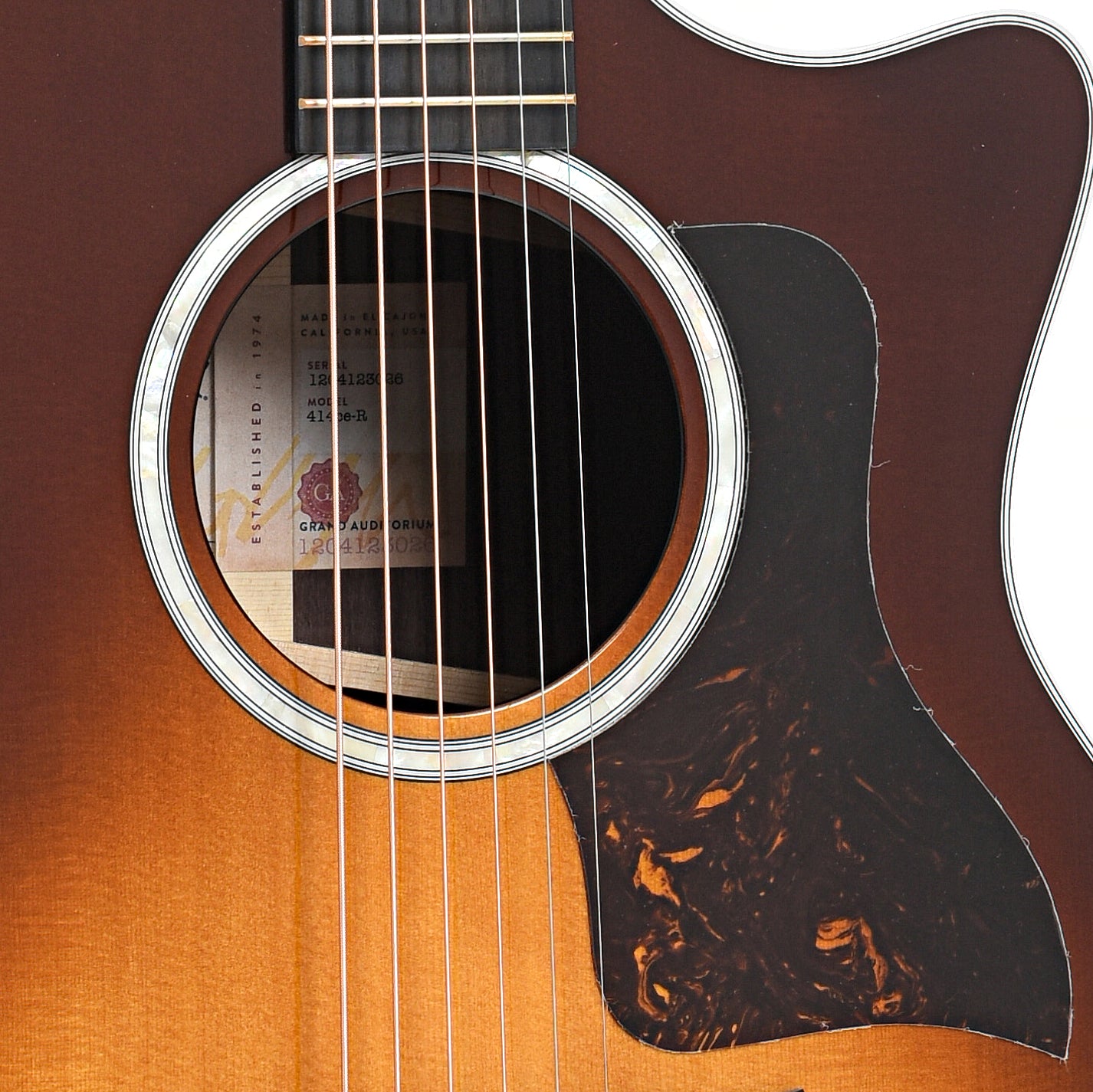 Sound hole and pickguard of Taylor 414ce-R Acoustic Guitar, Tobacco Sunburst