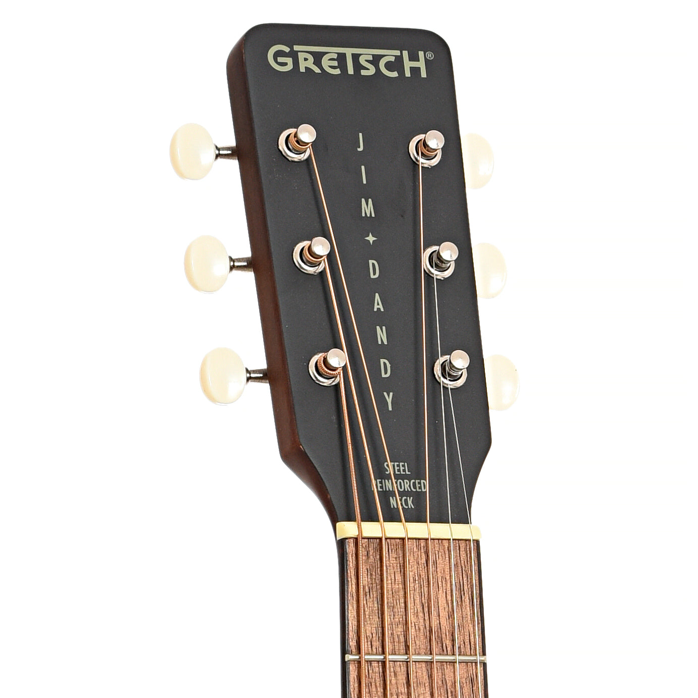 Front headstock of Gretsch Jim Dandy Deltoluxe Dreadnought Acoustic/Electric Guitar, Black Top