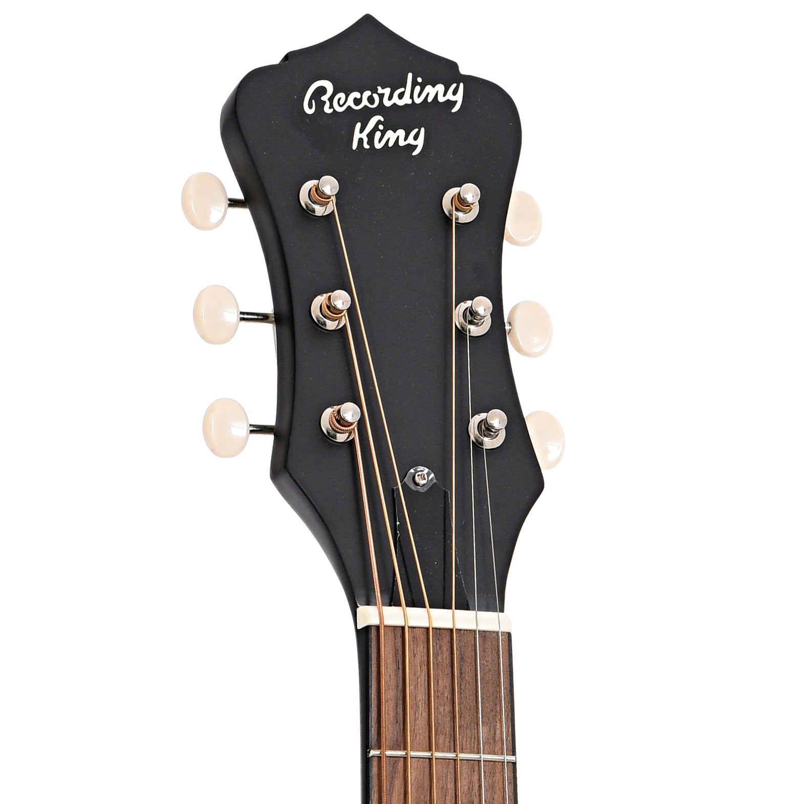 Front headstock of Recording King Dirty 30's Single 0 Resonator Guitar, Black Finish