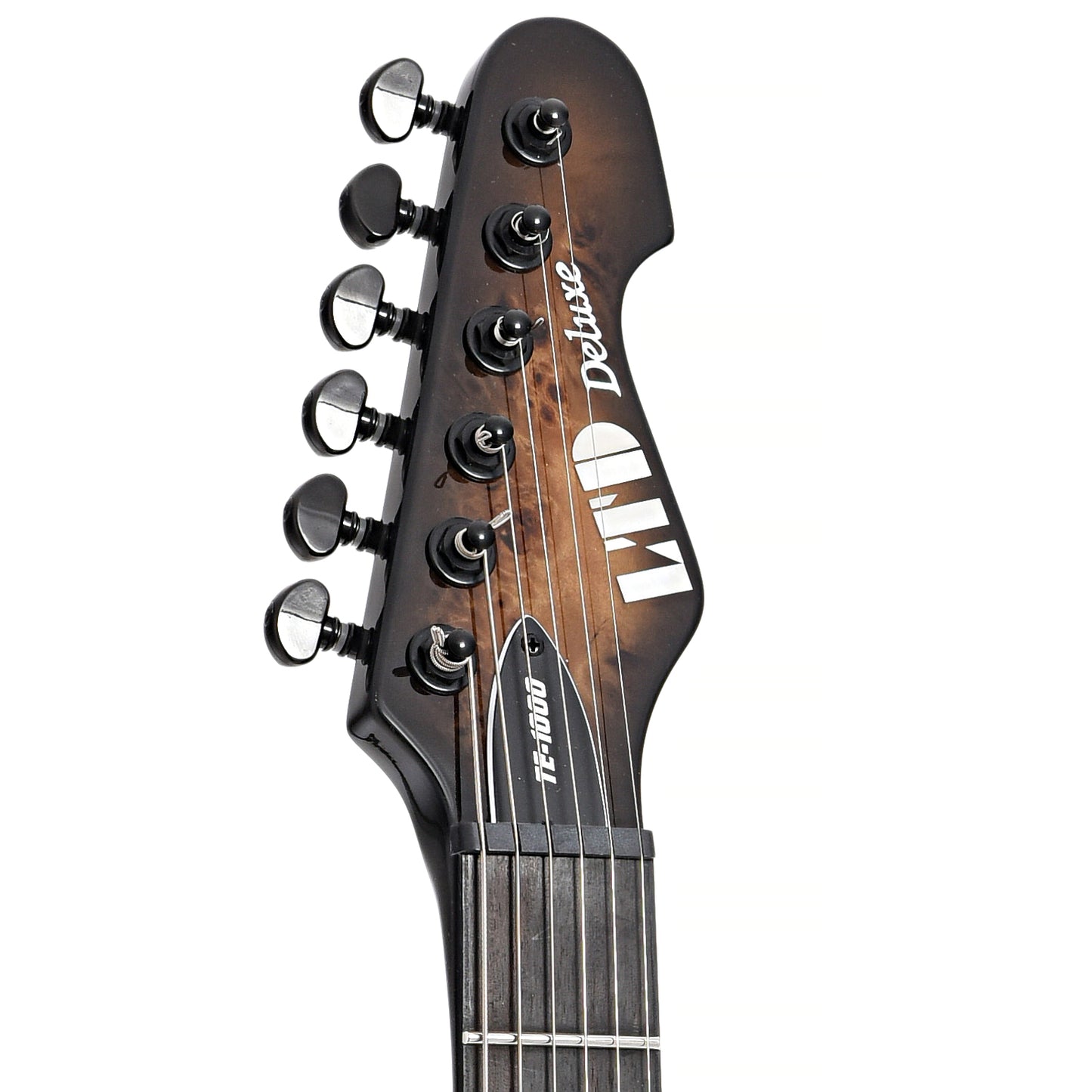 Front headstock of ESP LTD TE-1000 Evertune Electric Guitar, Poplar Burl Charcoal Burst