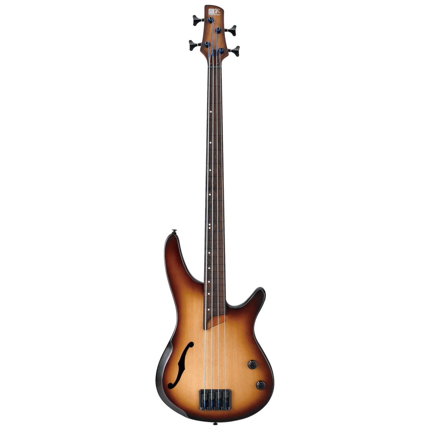 Full front of Ibanez SRH500F Fretless Semi-Hollow Electric Bass, Natural Browned Burst Flat