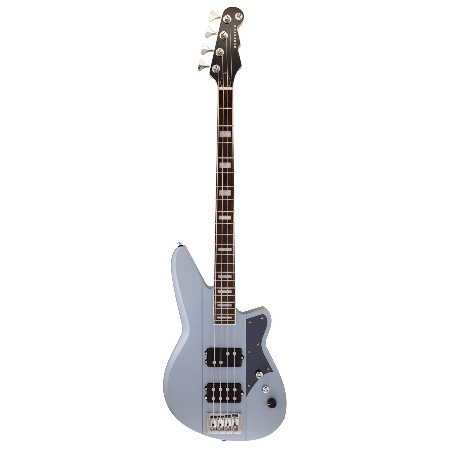 Full Front of Reverend Thundergun Electric Bass Guitar, Metallic Silver Freeze