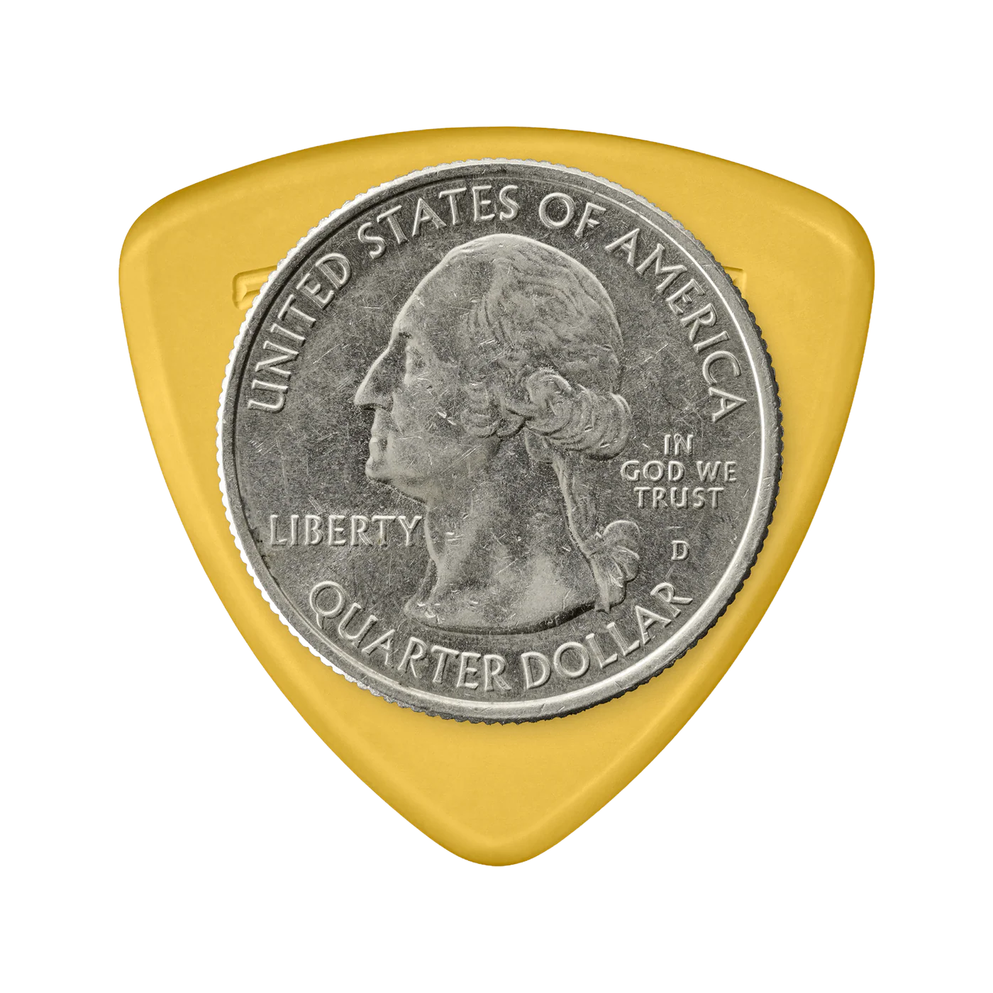 Token A1-55 Large Triangle Flatpick Amber, 1.40mm with Quarter for scale