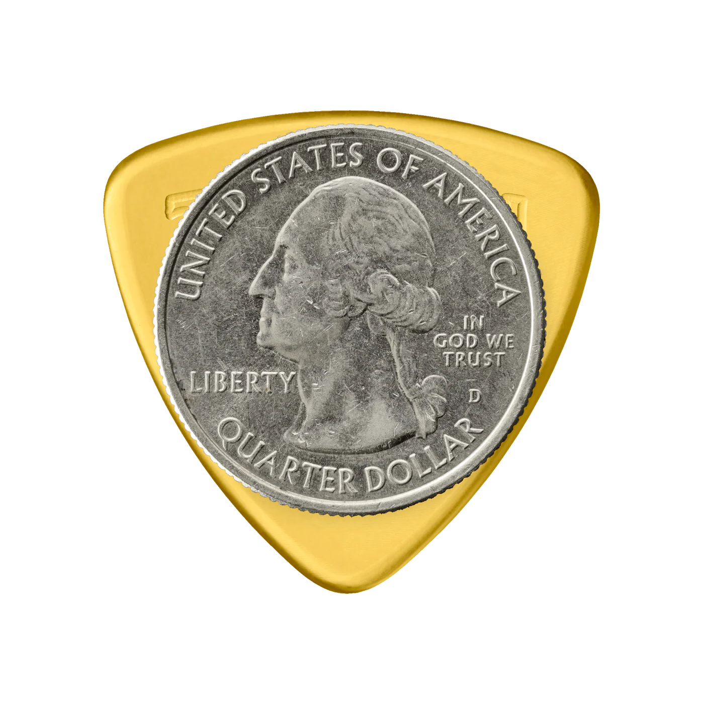 Token B1-45 Amber Small Triangle Flatpick, 1.14mm with Quarter for scale