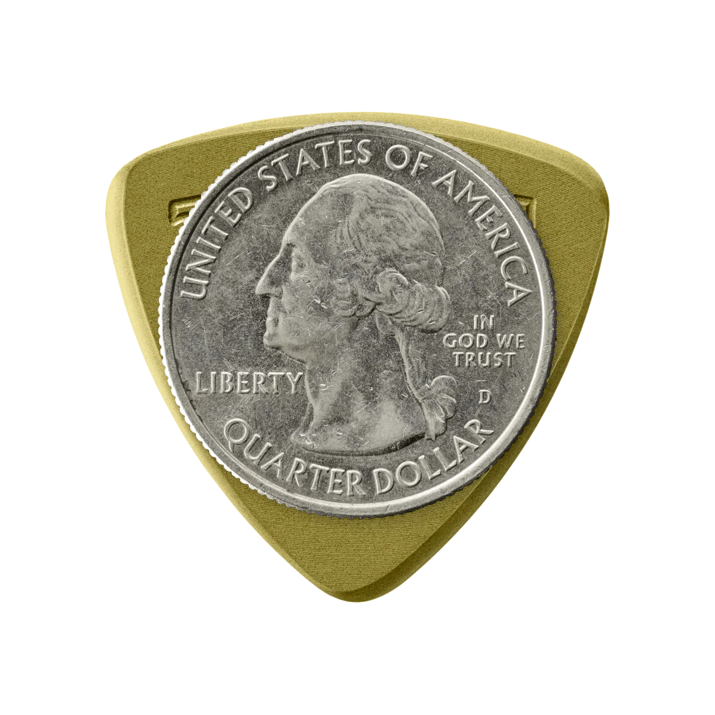 Token B3-50 Green Small Triangle Flatpick, 1.27mm with quarter for scale