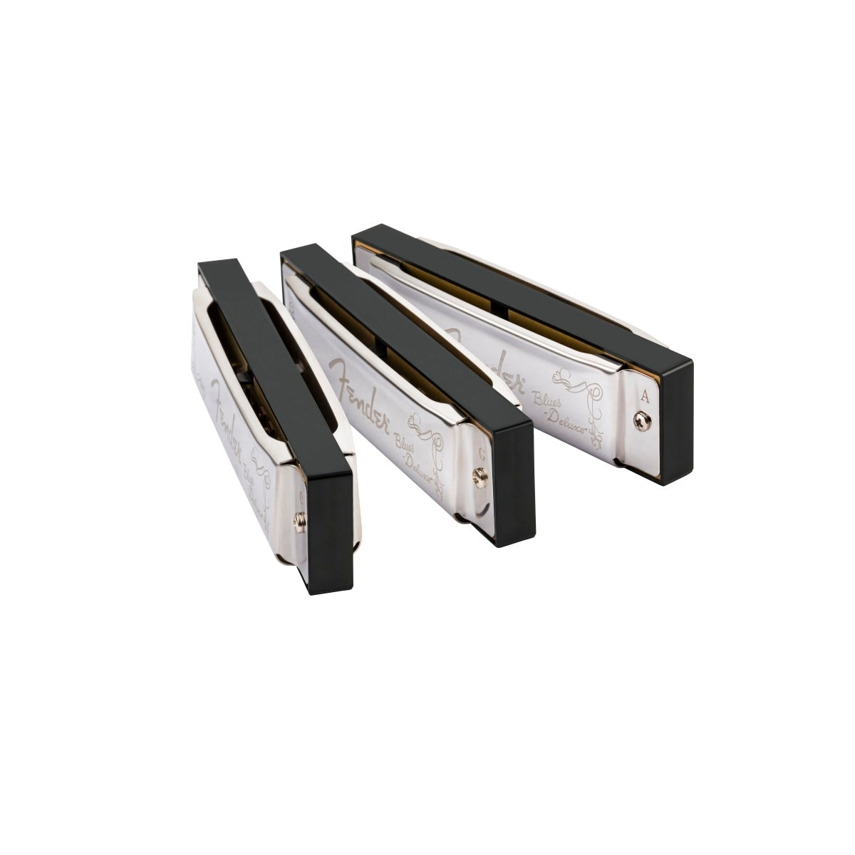 Front and Sides of Fender Blues Deluxe Harmonicas, 3-Pack