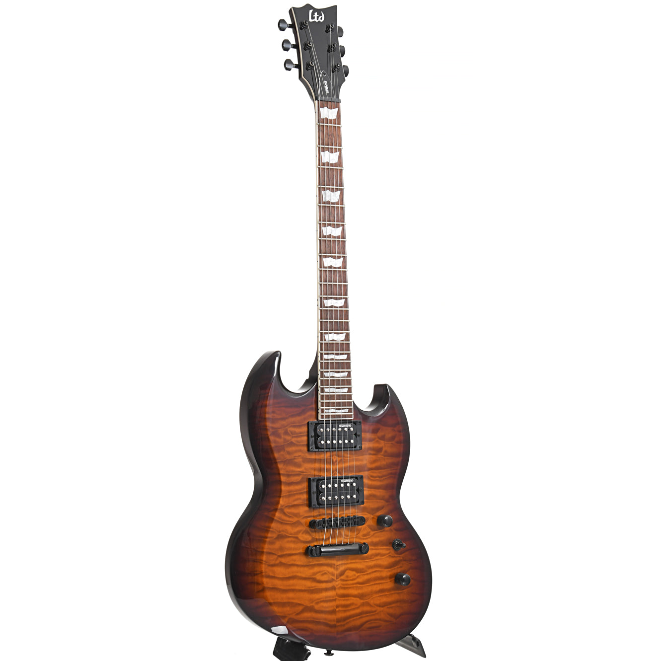 full front and side of ESP LTD Viper-256 Electric Guitar, Quilted Maple Dark Brown Sunburst