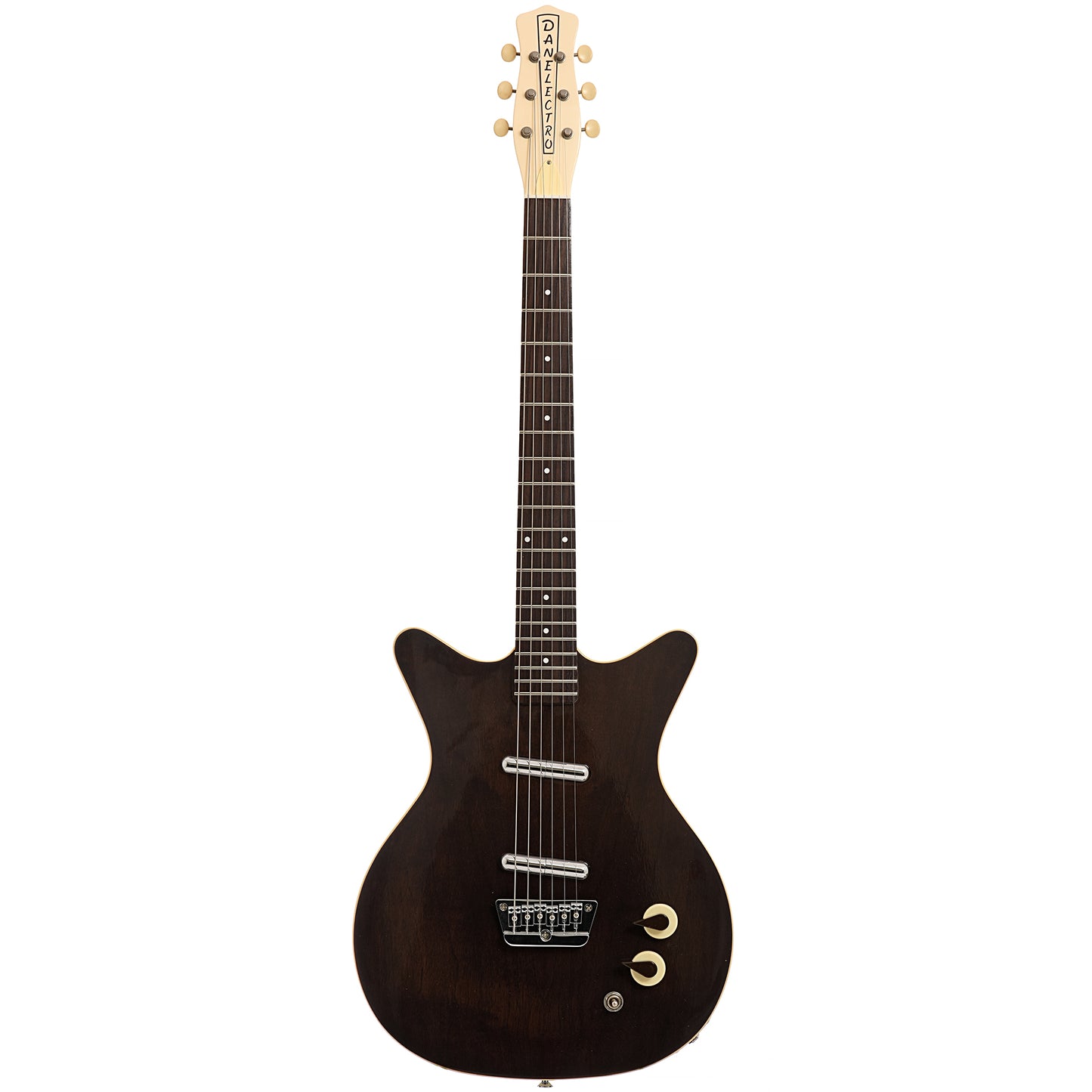 Full front of Danelectro '59 Divine, Dark Walnut