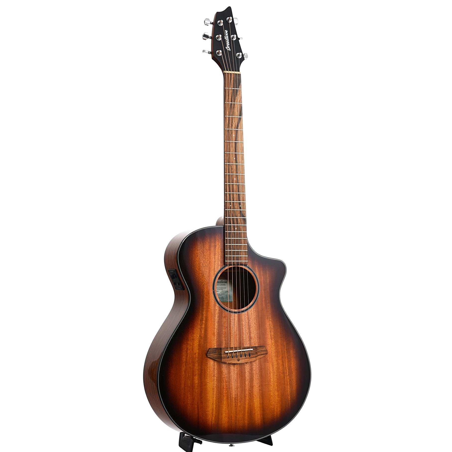 Full front and side of Breedlove Eco Collection Discovery S Concert Edgeburst CE African Mahogany