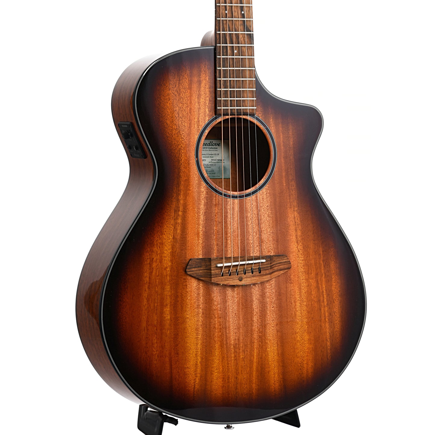 Front and side of Breedlove Eco Collection Discovery S Concert Edgeburst CE African Mahogany
