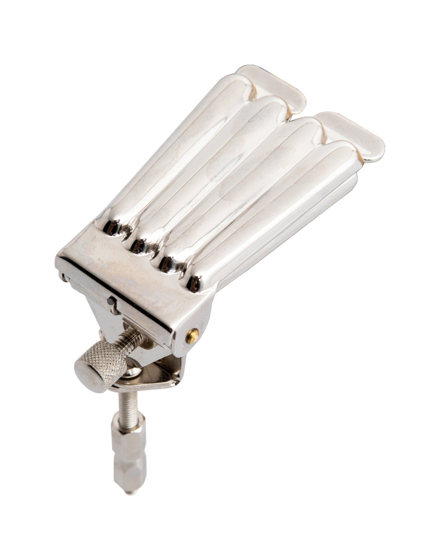 Front and Side of Prucha Clamshell Banjo Tailpiece, Nickel